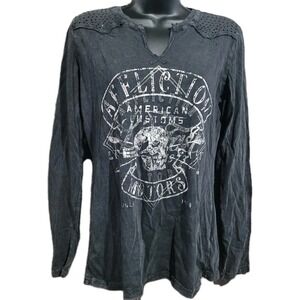 Affliction American Customs Black Long Slv Shirt Sz S Rhinestone Metallic Grunge